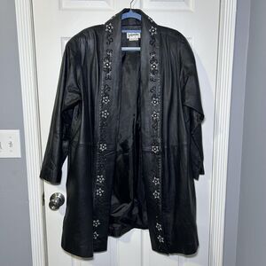 Bagatelle Coat Women's Medium Black Leather Beaded Floral Open Front Overcoat